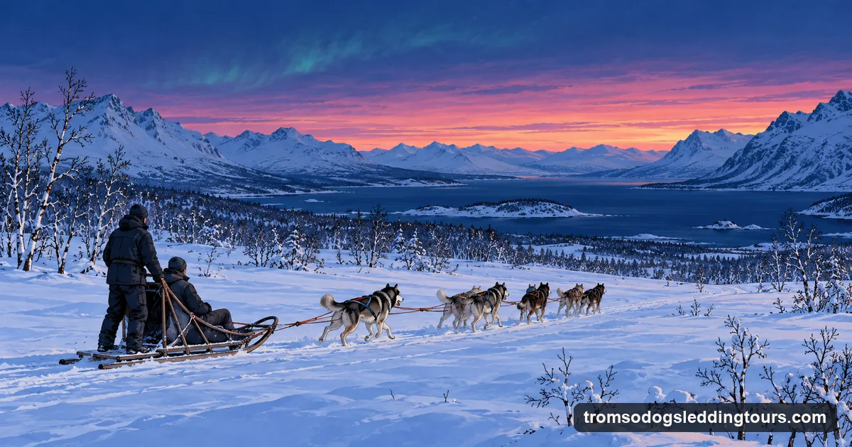 Illustration: a husky team and sled on a snowy plain at midday in the polar night, the sky deep blue with a band of pink twilight low over the mountains