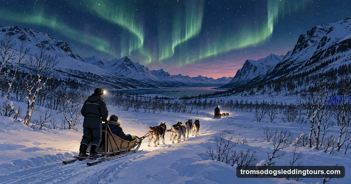 Illustration: green northern lights over a snowy valley at night, a line of headlamps from a dog sled team on the trail below, dark mountains on both sides