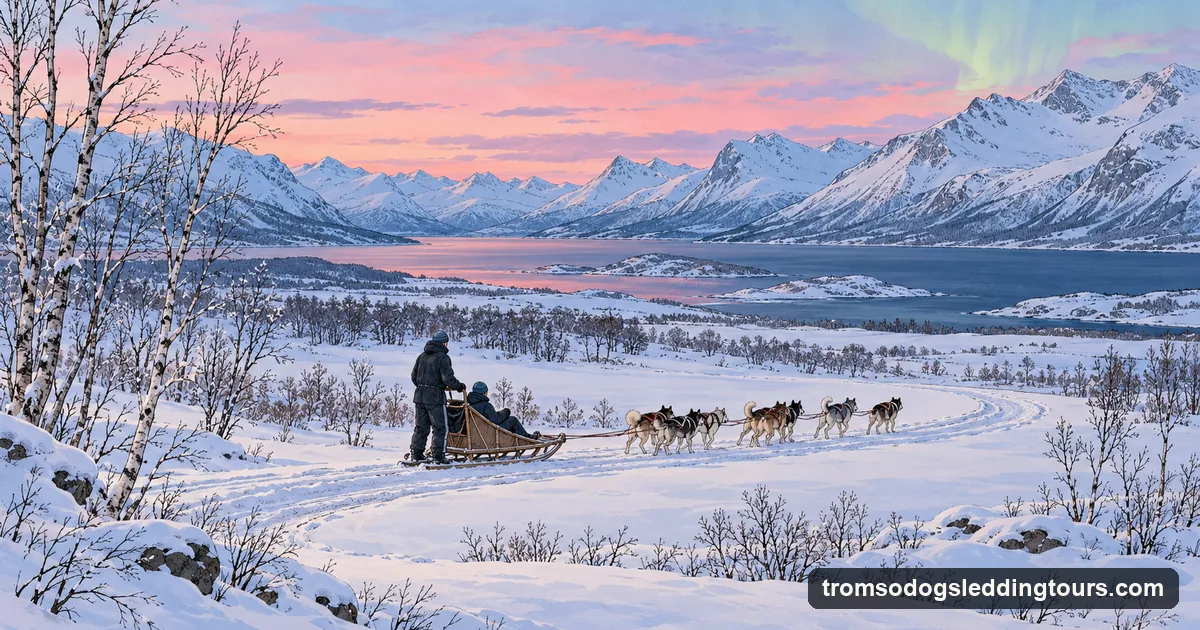 Illustration: a dog sled team running across an open snowy valley under a pale pink winter sky, mountains behind, seen from a distance