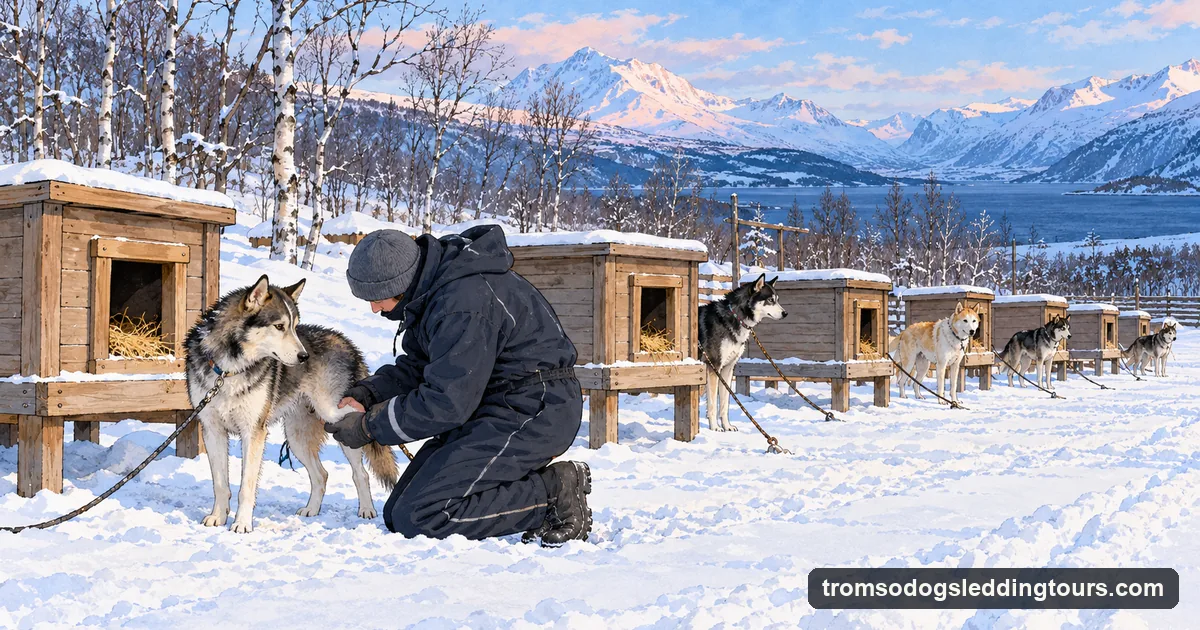 Illustration: a husky kennel in snow with insulated wooden dog houses raised off the ground, each with a dog beside it, and a handler kneeling to check a dog's paw