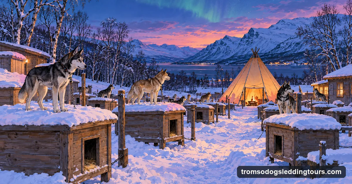 Illustration: a husky kennel yard at dusk in snow, wooden dog houses in rows, a few huskies standing on their houses, a lavvu tent with firelight in the background