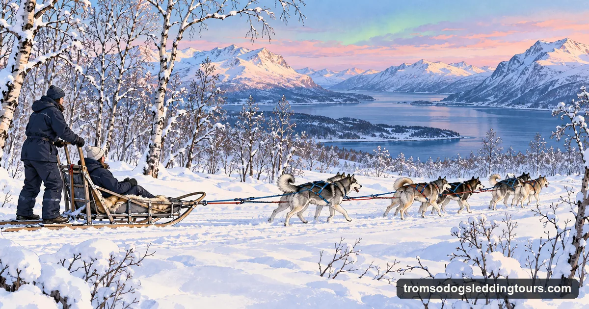Illustration: a dog sled on a snowy trail between birch trees, one person standing on the runners at the back holding the handlebar, another seated in the sled, a team of huskies pulling in pairs