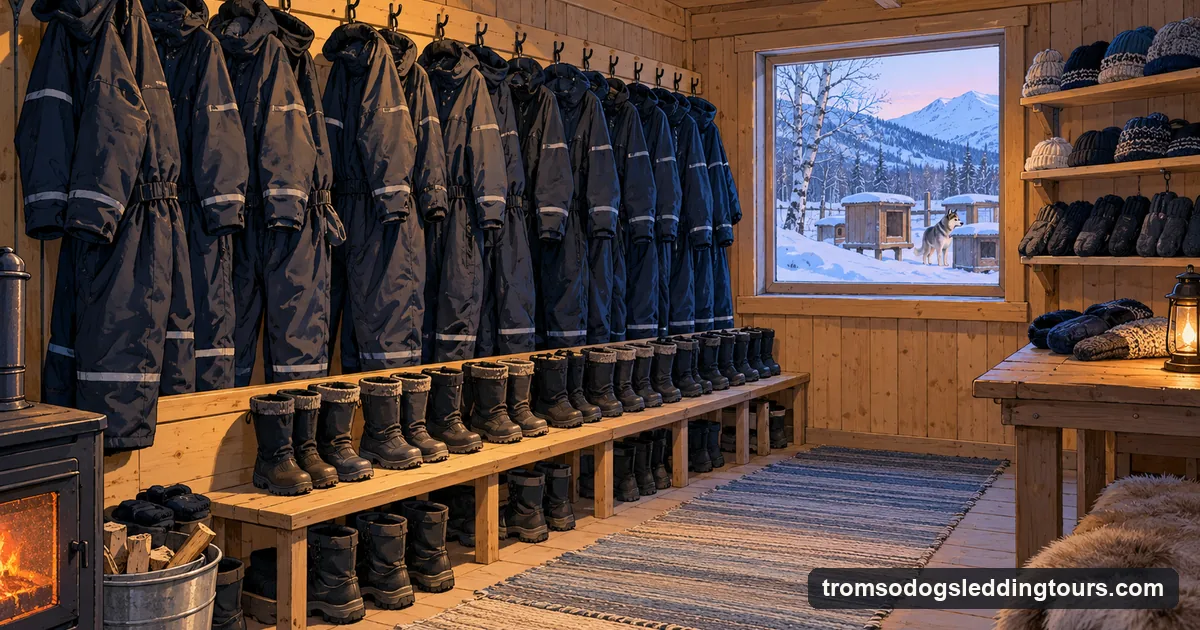 Illustration: a row of thermal suits and winter boots hanging in a wooden kit room at a husky kennel, mittens on a shelf, snow visible through the window